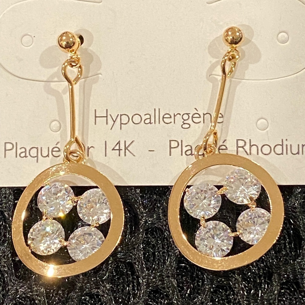 Gold Drop Earrings with Clear Crystals - Hypoallergenic - New With Tags - Picture 5 of 13